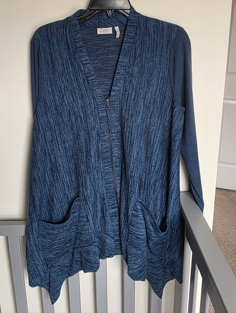 LOGO Lori Goldstein Blue Zipper Front Knit Mixed Media Cardigan Sweater Size S